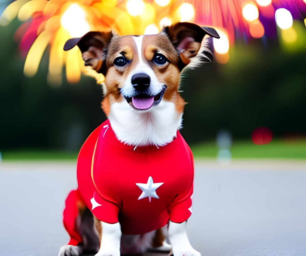 Costumed patriotic dog illustrating Fourth of July pup parade in Pleasant Hill